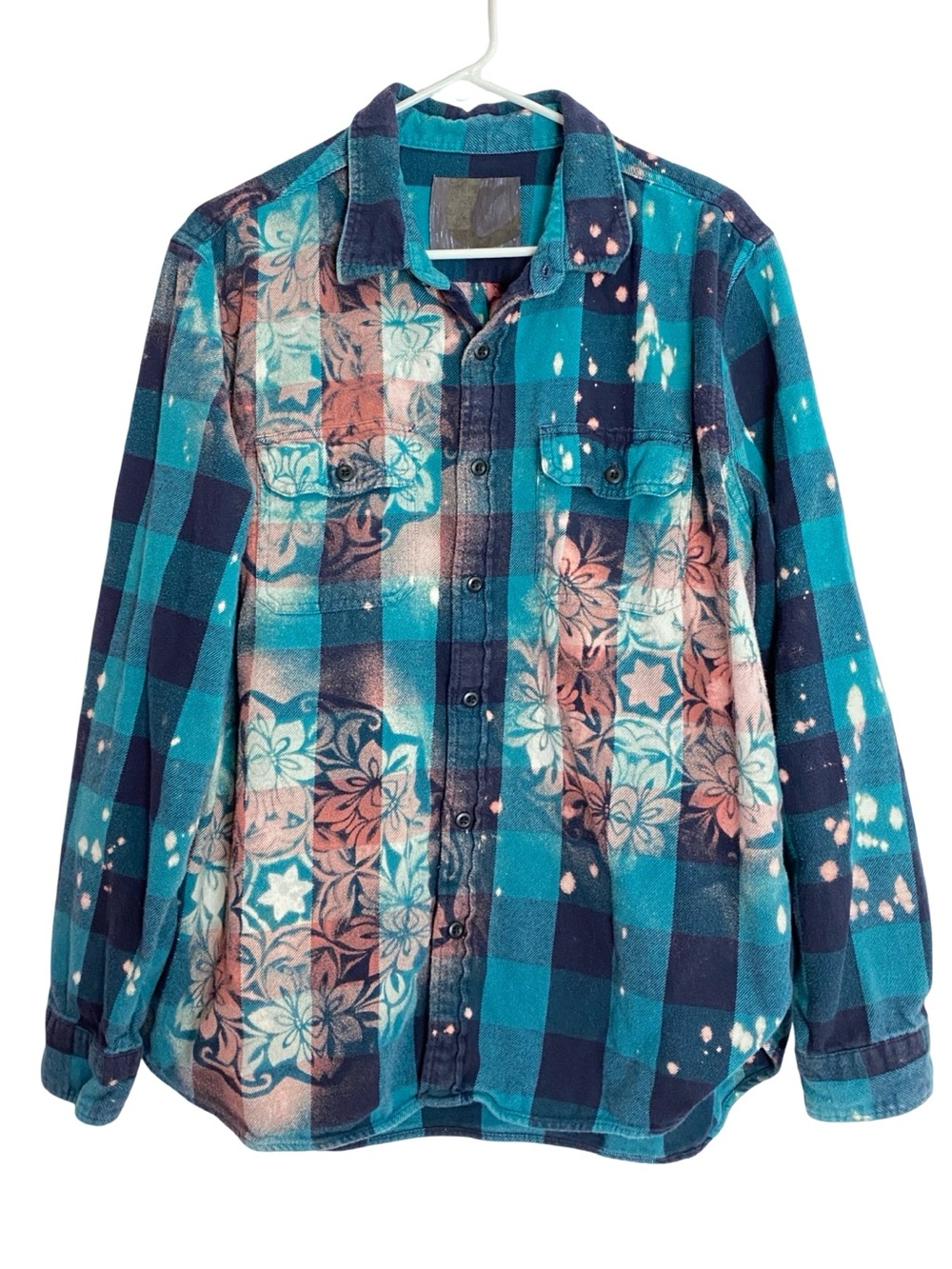 Custom Floral Flannel Bleached Shirt Mens Size XL Unisex Style Buffalo Plaid